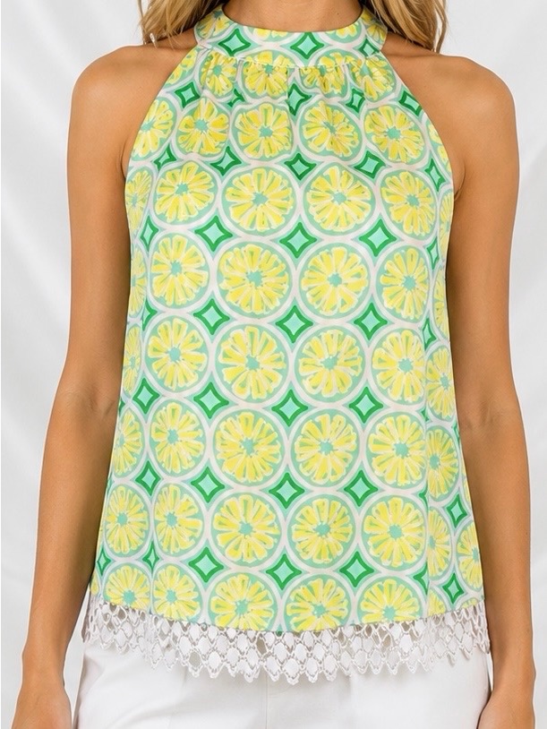 Sail To Sable Lemon Print Sleeveless Top With Scalloped Lattice Trim Size Small